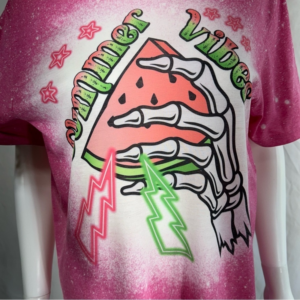 Gilden “Summer Vibes” Pink Galaxy Splatter Skeleton Watermelon Tee - Picture 3 of 7